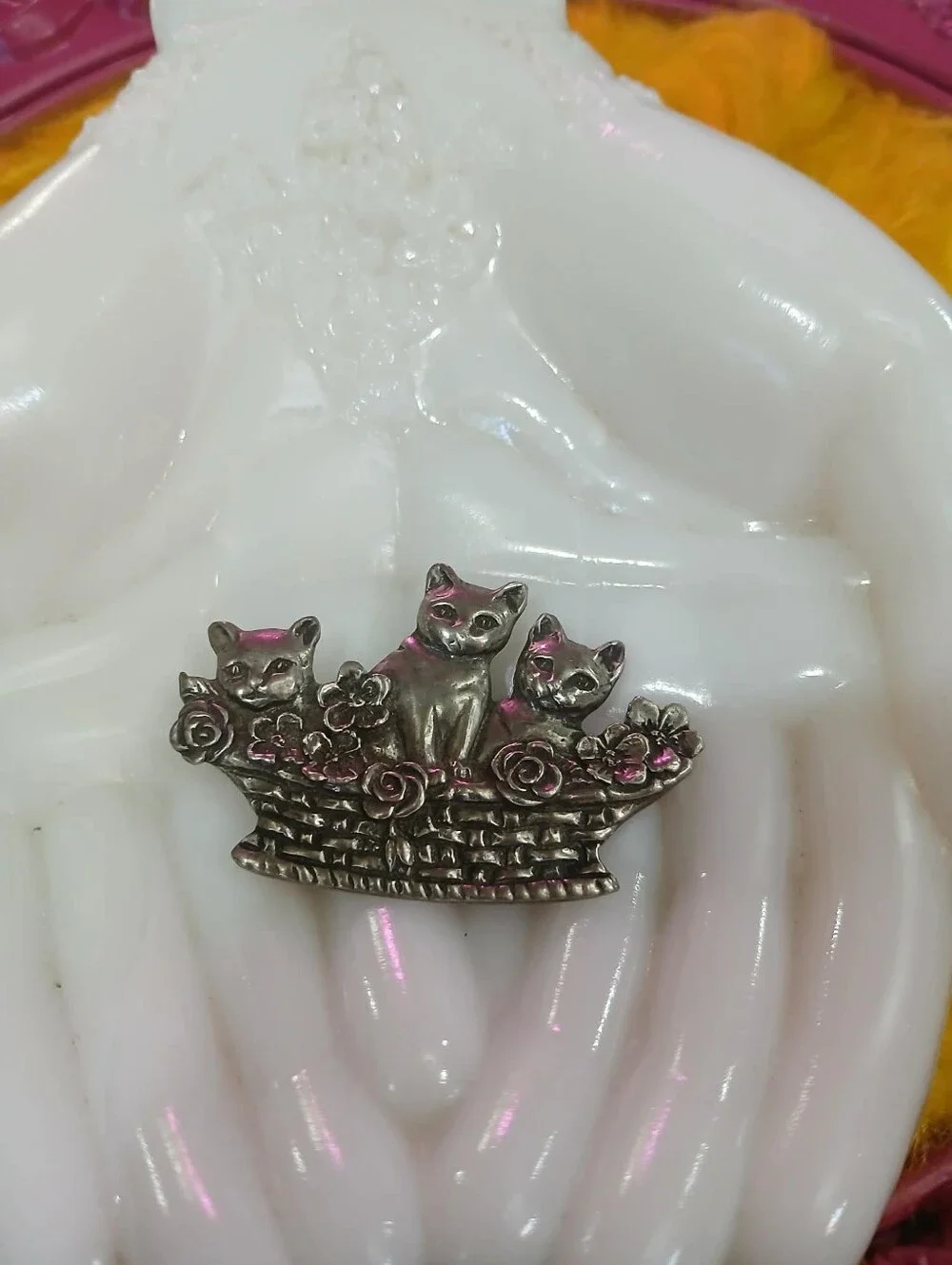 Vintage sterling Three Cats in a Basket Brooch